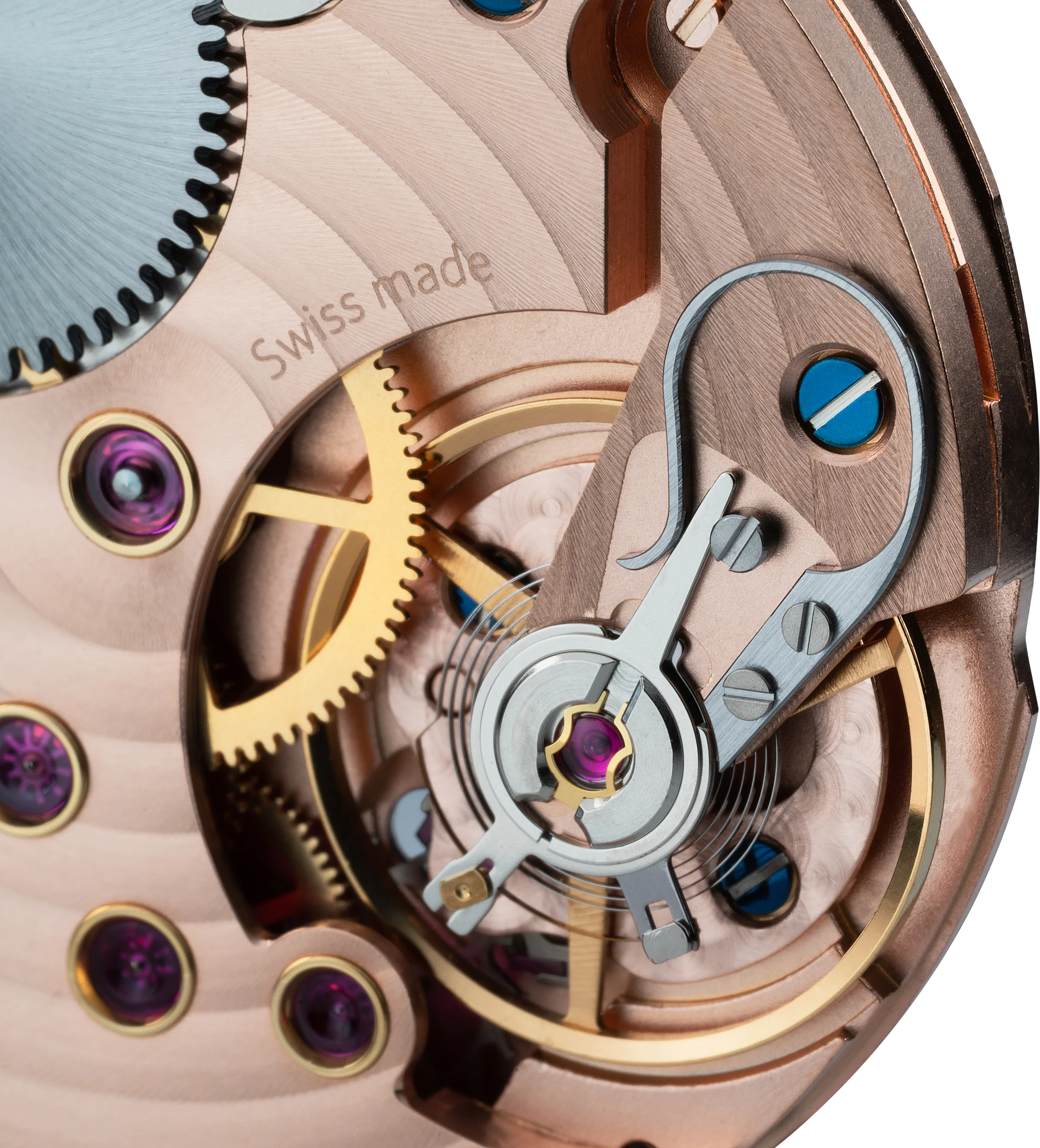 Macro van een Zwitsers mechanisch uurwerk met Swiss made-gravure